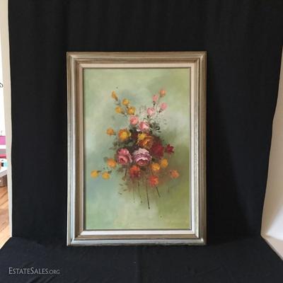 Lot 5 - Floral Glass Lamp and Artwork