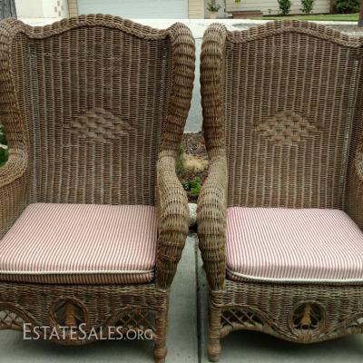 Pair of Rattan High Back Chairs with Cushions