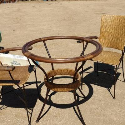 Rattan & Metal Cafe Glass Top Table w Two Chairs