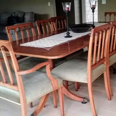 UK Yew Wood Double Pedestal Extendable Table and Chairs