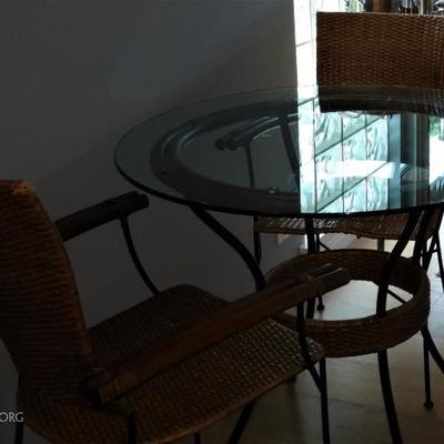 Rattan & Metal Cafe Glass Top Table w Two Chairs