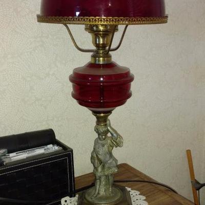 Antique Ruby Glass and Metal Lamp
