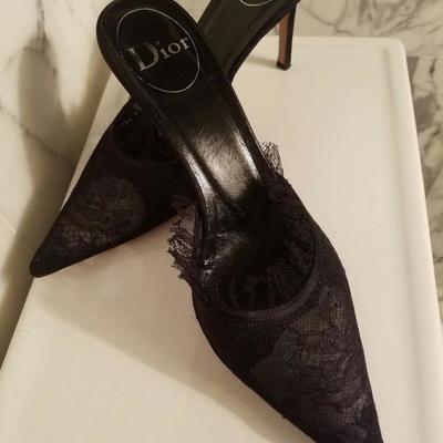 Christian Dior runway mules leather Chantilly lace heel amazing