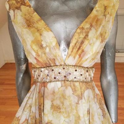 Vtg 1960's  empire embellished chiffon gown shirred 