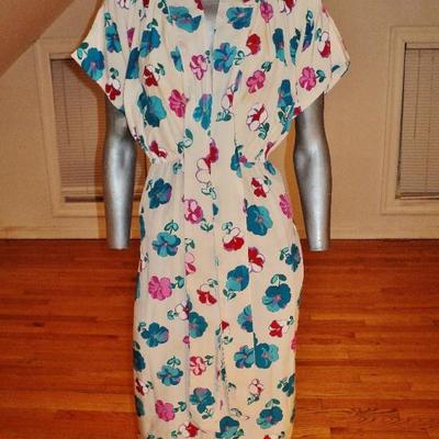 Vtg 1940's silk floral garden wiggle dress elastic waist tie scarf