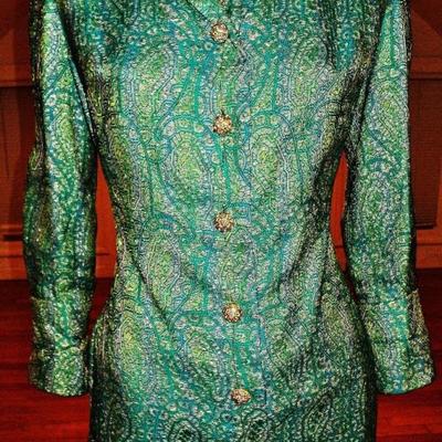 Vtg 1960's Metallic brocade cost dress aqua with gold rhinestone buttons