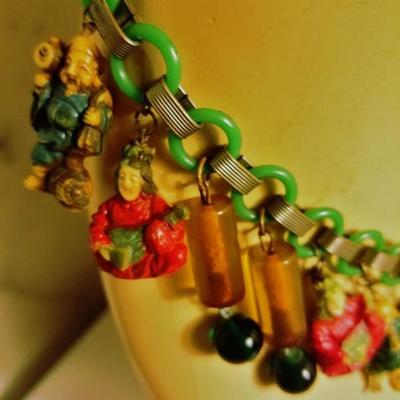 Vtg Japanese 1930 Celluloid Hand carved painted figurine necklace/earrings