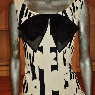 Vtg Lord & taylor 1970's pique' brocade black/white dress organza bow