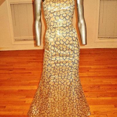 French Couture gold metallic strapless mermaid gown fishtail sequin embroidery