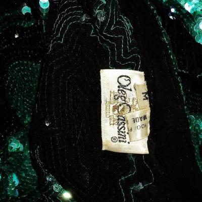 Vtg Oleg Cassini couture emerald silk flapper dress heavily double sequined 