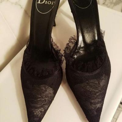 Christian Dior runway mules leather Chantilly lace heel amazing
