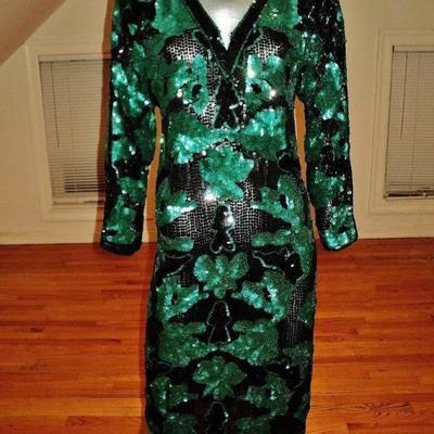 Vtg Oleg Cassini couture emerald silk flapper dress heavily double sequined 