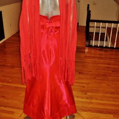 Vtg Haute Couture Carolina Herrera Runway silk shantung gown fringed large shawl