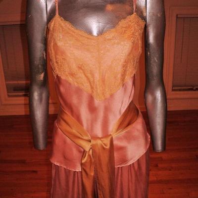 Vintage silk peignoir set coat pant camisole/antique lace sash belt