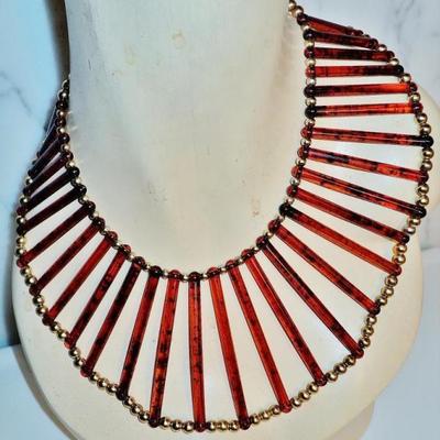 Vtg Egyptian revival Cleopatra look tortoise & golden beads Artisan handmade