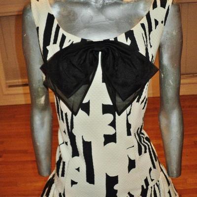 Vtg Lord & taylor 1970's pique' brocade black/white dress organza bow