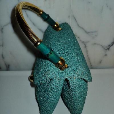  Koret France 1950 Leather/crochet double bag gold overlay /bamboo handle
