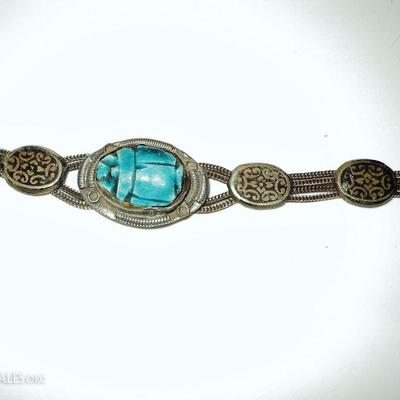 Vtg 1940-50"s old silver Scarab beetle bracelet filigree embossed from Rgypt