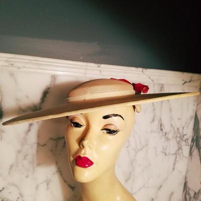 Vtg 1930's wide brim Platter tilt derby spectator straw hat millinery flowers 