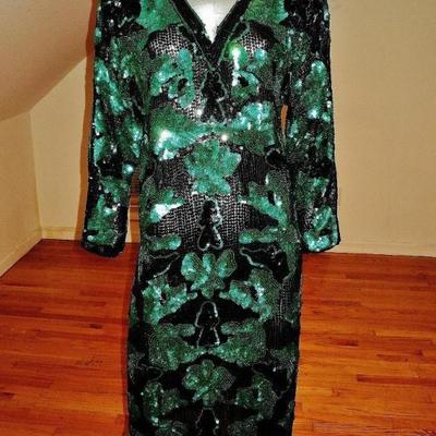 Vtg Oleg Cassini couture emerald silk flapper dress heavily double sequined 