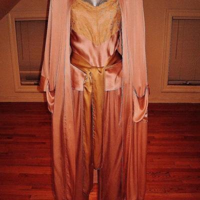 Vintage silk peignoir set coat pant camisole/antique lace sash belt