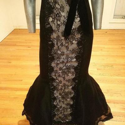 Vtg Chantilly lace silk mermaid illusion gown kitten bow crinoline 