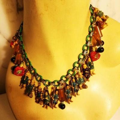 Vtg Japanese 1930 Celluloid Hand carved painted figurine necklace/earrings
