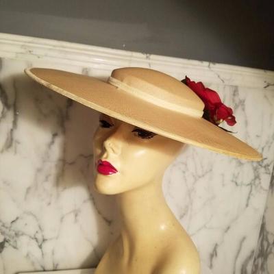 Vtg 1930's wide brim Platter tilt derby spectator straw hat millinery flowers 