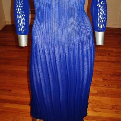 Vtg Royal blue w/ lavender cutout designer dress pencil pleats crepe 