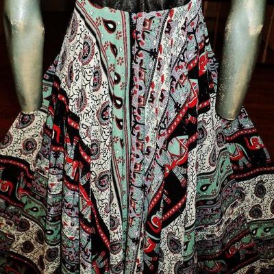 Vtg Boho chic Ethnic fluid lurex chiffon gown silkscreen elephant print