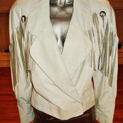 Vintage Amazing western white leather Jacket fringes/metal silver hardware 