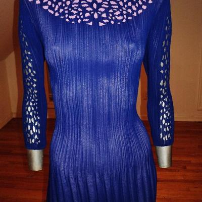 Vtg Royal blue w/ lavender cutout designer dress pencil pleats crepe 