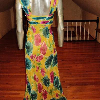 Silk tie dye Empire beaded gown front ruffle wing halter style  