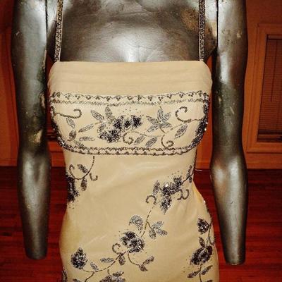 Vtg Sue Wong layered silk handkerchief dress silver beaded on antique chiffon