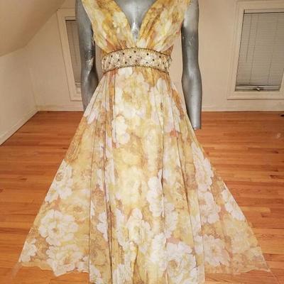 Vtg 1960's  empire embellished chiffon gown shirred 