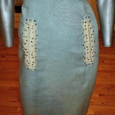 Vtg 1950's wiggle linen dress bead embroidery on lace