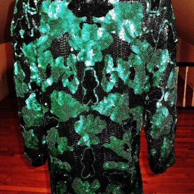 Vtg Oleg Cassini couture emerald silk flapper dress heavily double sequined 