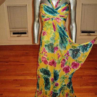 Silk tie dye Empire beaded gown front ruffle wing halter style  