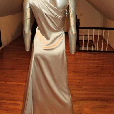Couture Jackie Rogers silver single shoulder silk grecian draped bias gown