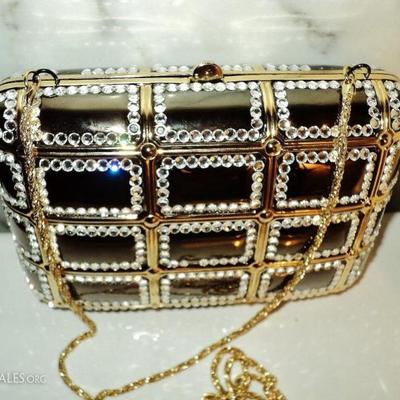 Vtg Jeweled rhinestone metal purse/clutch gold chain  gun metal color