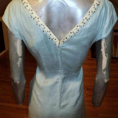 Vtg 1950's wiggle linen dress bead embroidery on lace