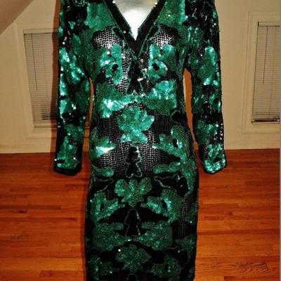 Vtg Oleg Cassini couture emerald silk flapper dress heavily double sequined 