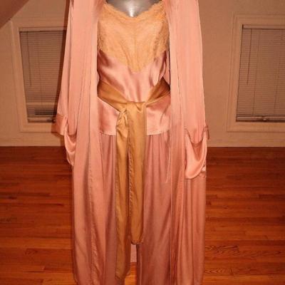 Vintage silk peignoir set coat pant camisole/antique lace sash belt