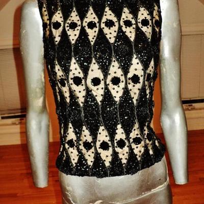 Vtg 1950's Heavily embellished beaded sequins Illusion wool top Hong Kong colony