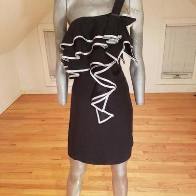 Vintage  single shoulder silk ruffled mini dress silver details