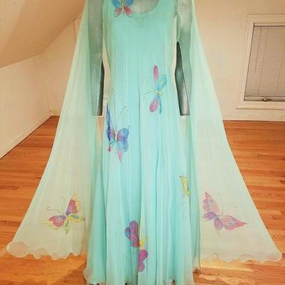 Vtg 1960's Chiffon maxi hand painted gown full opera shawl  fluid cover green/