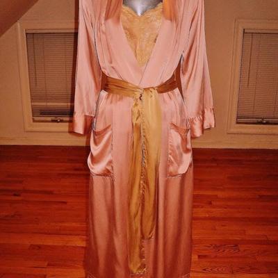 Vintage silk peignoir set coat pant camisole/antique lace sash belt