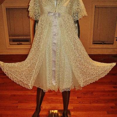 Vtg 1950's all Lace Peignoir set  nightgown/Coat gown baby blue ribbon