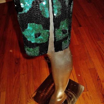 Vtg Oleg Cassini couture emerald silk flapper dress heavily double sequined 