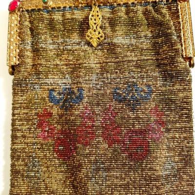Antique Edwardian French Jeweled micro beaded gilded bag w/ fringes